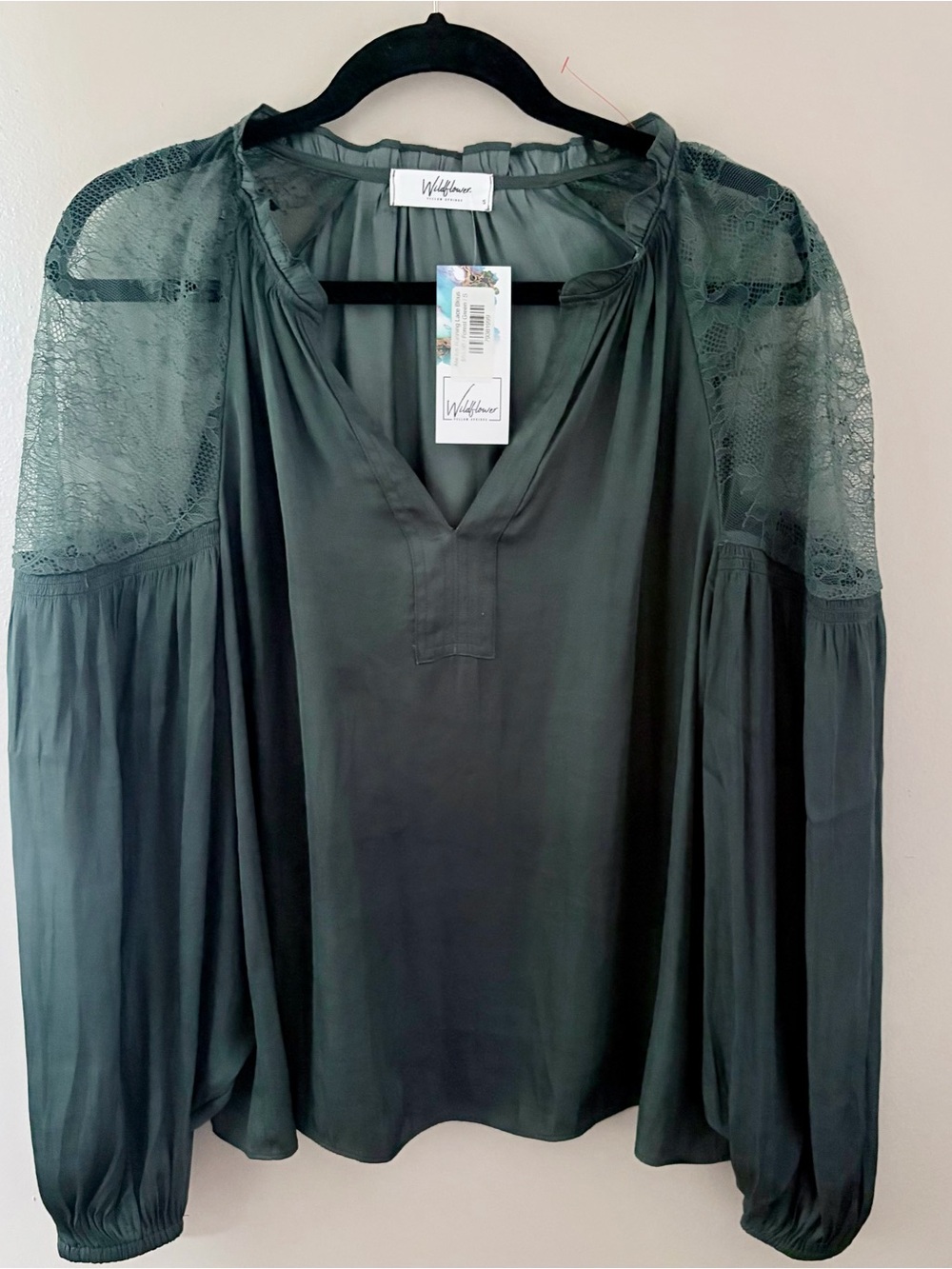 Dark Green Boho Satin Lace Sleeve Blouse NWT Small